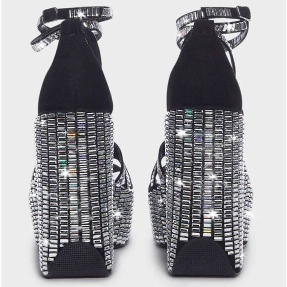 BNIB~AZALEA WANG Rosalia Black & Silver Platform Sparkle Wedge Heel Sandals Sz 1 - Picture 10 of 11